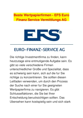 EFS Euro Finanz Service Vermittlungs AG | Beste Wertpapierfirmen