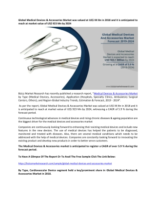 Global Medical Devices & Accessories Market was valued at US$ XX Bn in 2018 and it is anticipated to reach at market val