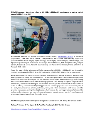 Global Microsurgery Market was valued at US$ XX Bn in 2018 and it is anticipated to reach at market value of US$ 2.07 Bn
