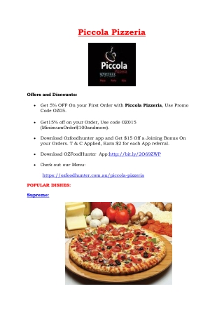 5% Off - Piccola Pizzeria Menu - Pizza Restaurant Wattle grove, NSW