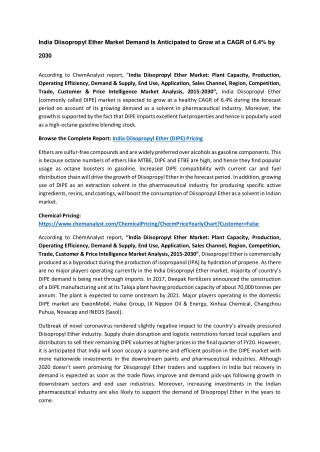 Diisopropyl Ether Demand and Supply , Trade 2030