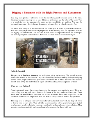 Digging a Basement with the Right Process and Equipment