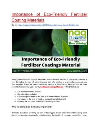 Importance of Eco-Friendly Fertilizer Coating Materials