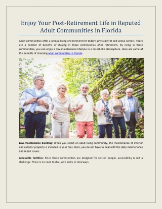 Enjoy Your Post-Retirement Life in Reputed Adult Communities in Florida