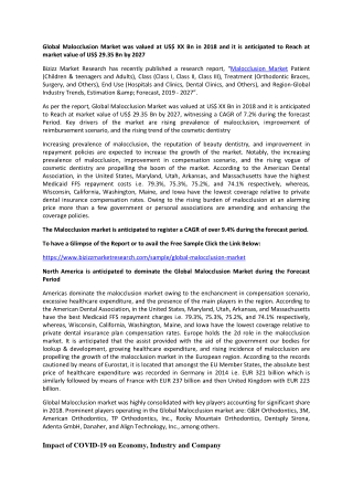 Global Malocclusion Market was valued at US$ XX Bn in 2018 and it is anticipated to Reach at market value of US$ 29.35 B