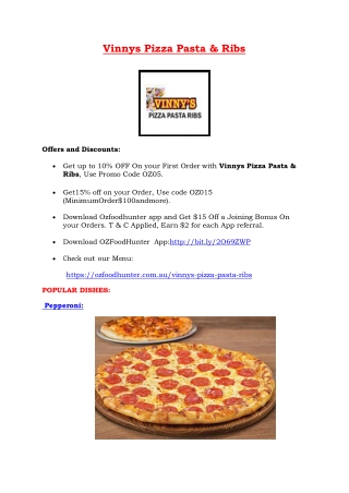 10% Off - Vinnys Pizza Pasta & ribs takeaway and delivery menu, tweed heads, NSW