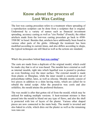 Know about the process of Lost Wax Casting