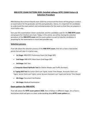 RRB NTPC EXAM PATTERN 2020: Detailed railways NTPC EXAM Pattern & Selection Procedure