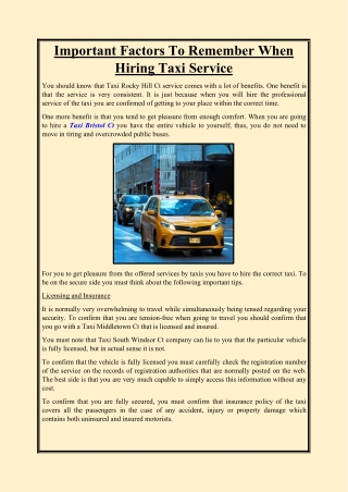 Important Factors To Remember When Hiring Taxi Service