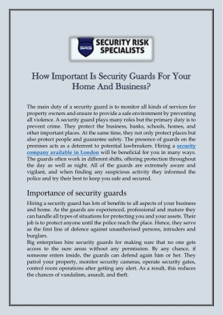 How Important Is Security Guards For Your Home And Business?