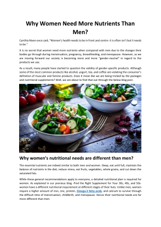 Why Women Need More Nutrients Than Men?
