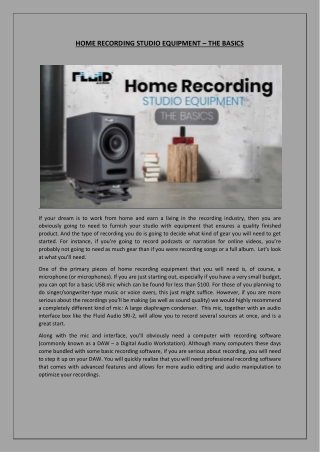 HOME RECORDING STUDIO EQUIPMENT – THE BASICS