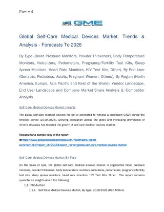 Global Self-Care Medical Devices Market Size, Trends & Analysis - Forecasts To 2026