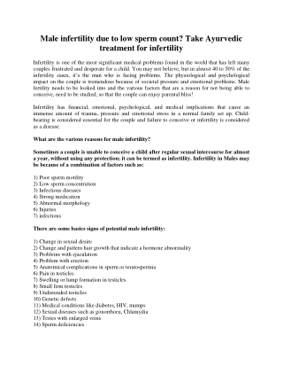 Male infertility due to low sperm count? Take Ayurvedic treatment for infertility