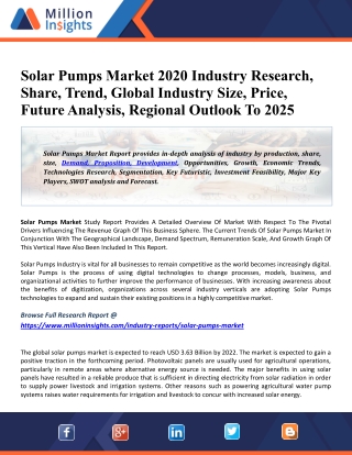 Solar Pumps Market 2020 Industry Research, Share, Trend, Global Industry Size, Price, Future Analysis, Regional Outlook