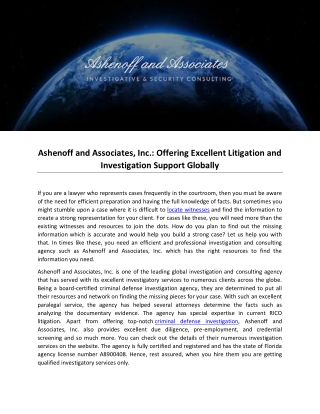 Ashenoff and Associates, Inc.: Offering Excellent Litigation and Investigation Support Globally