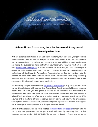 Ashenoff and Associates, Inc.: An Acclaimed Background Investigation Firm