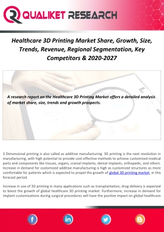 Healthcare 3D Printing Market Share, Growth, Size, Trends, Revenue, Regional Segmentation, Key Competitors & 2020-2027