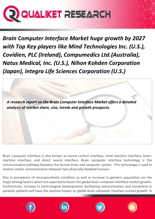 Brain Computer Interface Market huge growth by 2027 with Top Key players like Mind Technologies Inc. (U.S.), Covidien, P