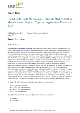 USP Grade Magnesium Hydroxide By Characteristics, Analysis, Opportunities And Forecast To 2025