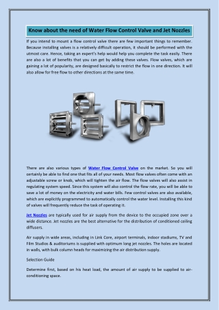 Know about the need of Water Flow Control Valve and Jet Nozzles