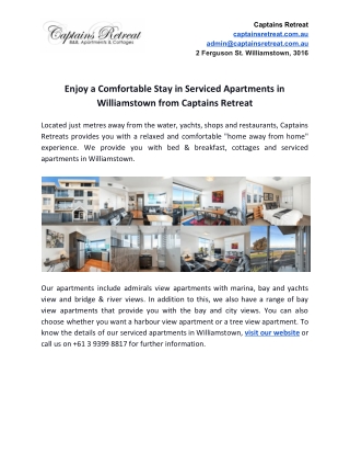 Enjoy a Comfortable Stay in Serviced Apartments in Williamstown from Captains Retreat