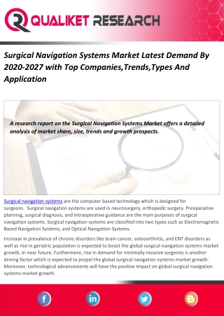 Surgical Navigation Systems Market Latest Demand By 2020-2027 with Top Companies,Trends,Types And Application