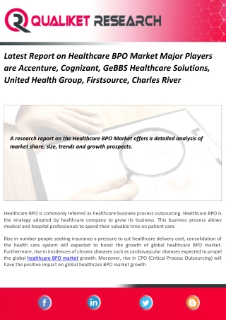 Latest Report on Healthcare BPO Market Major Players are Accenture, Cognizant, GeBBS Healthcare Solutions, United Health