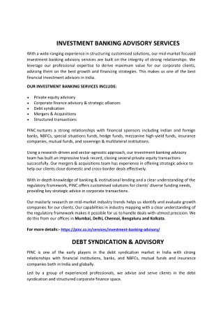 Investment Banking Services | Debt Syndication Services | Private Equity Advisory Services