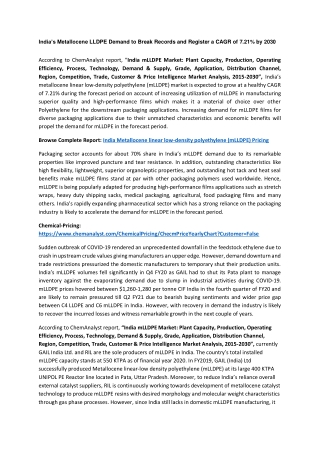 India Metallocene linear low-density polyethylene (mLLDPE) Price, Demand and Supply 2030