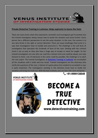 Private detective training in Lucknow helps aspirants to learns the facts