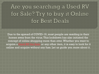 Are you searching a Used RV for Sale? Try to buy it Online for Best Deals