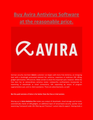 Buy Avira Antivirus Software at the reasonable price.