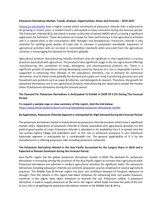 Potassium Derivatives Market, Trends, Analysis, Opportunities, Share and Forecast – 2019-2027