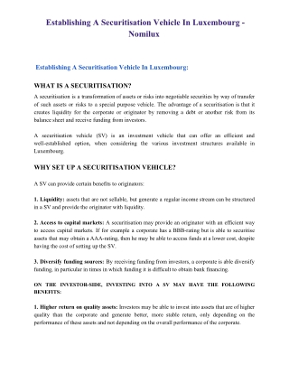 Establishing a Securitisation Vehicle in Luxembourg - Nomilux