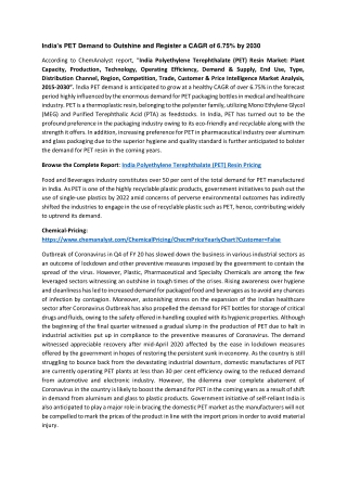 India Polyethylene Terephthalate (PET) Resin Demand and Supply 2030
