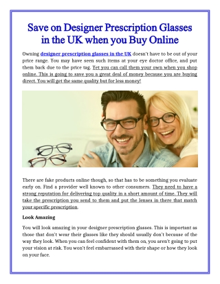 Save on Designer Prescription Glasses in the UK when you Buy Online