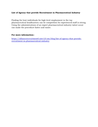 List of Agency that provide Recruitment in Pharmaceutical Industry