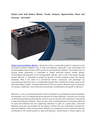 Global Lead Acid Battery Market, Trends, Analysis, Opportunities, Share and Forecast – 2019-2027