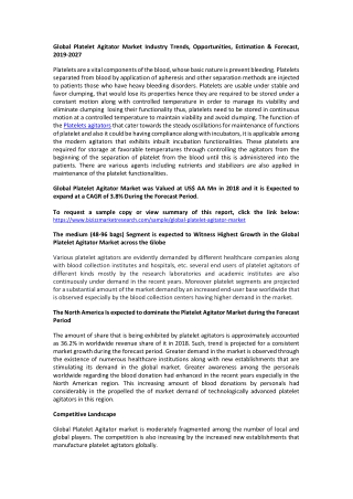 Global Platelet Agitator Market Industry Trends, Opportunities, Estimation & Forecast, 2019-2027