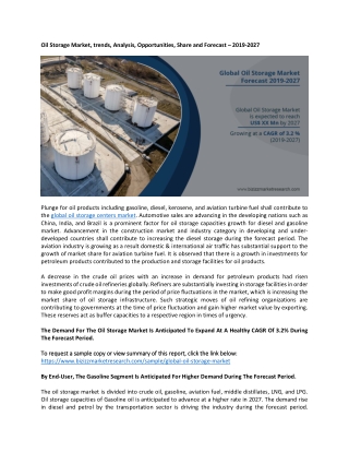 Oil Storage Market, trends, Analysis, Opportunities, Share and Forecast – 2019-2027
