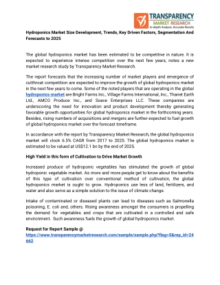 Hydroponics Market Size Development, Trends, Key Driven Factors, Segmentation And Forecasts to 2025