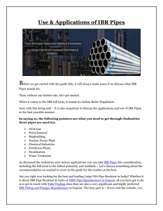 Use & Applications of IBR Pipes