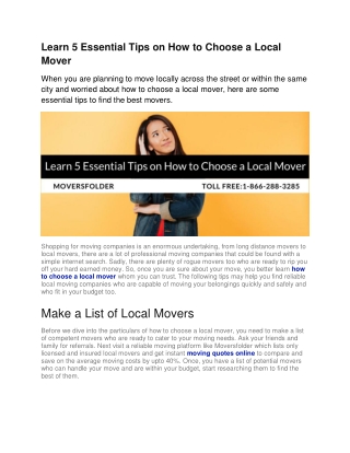 Learn 5 Essential Tips on How to Choose a Local Mover