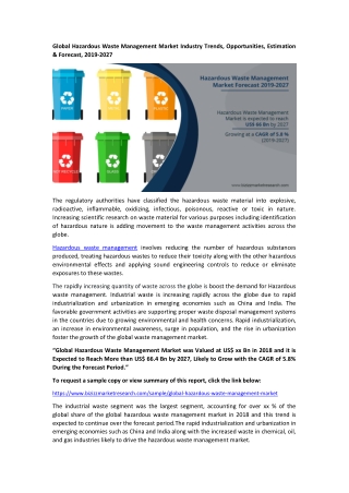 Global Hazardous Waste Management Market Industry Trends, Opportunities, Estimation & Forecast, 2019-2027