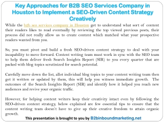 Key Approaches for B2B SEO Services Company in Houston to Implement a SEO-Driven Content Strategy Creatively