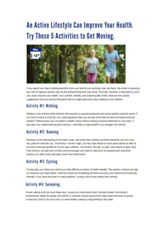An Active Lifestyle Can Improve Your Health. Try These 5 Activities to Get Moving