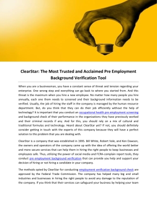 ClearStar: The Most Trusted and Acclaimed Pre Employment Background Verification Tool