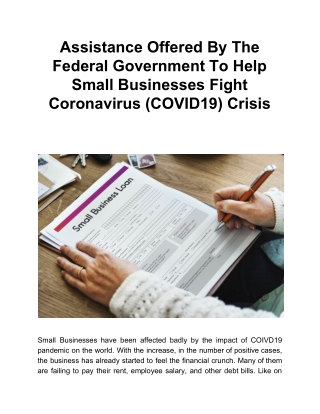 Assistance Offered By The Federal Government To Help Small Businesses Fight Coronavirus (COVID19) Crisis
