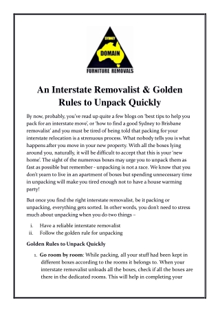 An Interstate Removalist & Golden Rules to Unpack Quickly